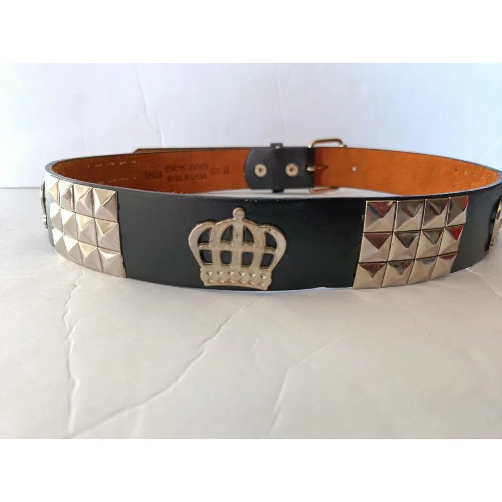Black Studded Belt Genuine Leather Silver Pyramid Studs Unisex Waist 30-32